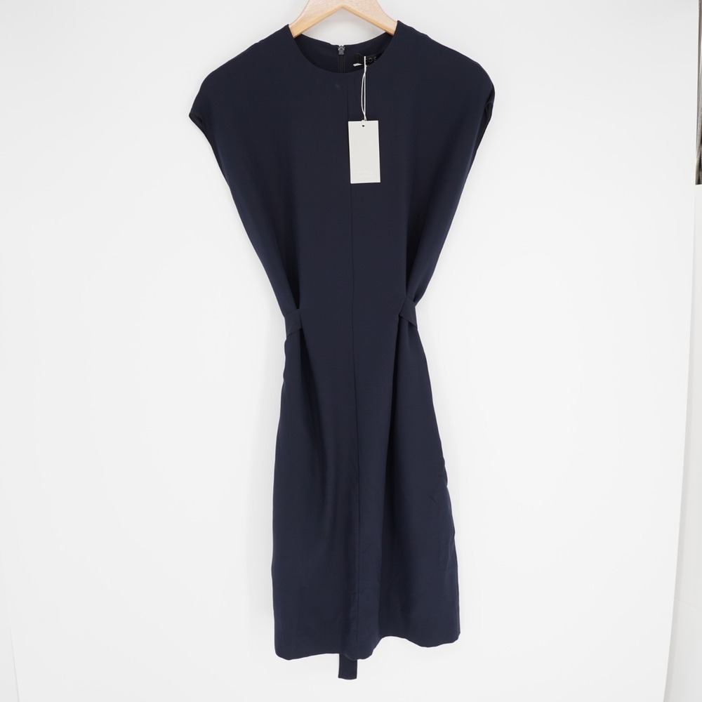 COS Silk Shift Dress Womens XS Navy Blue Cap Sleeve Belted Minimalist EU 32 - Picture 2 of 15
